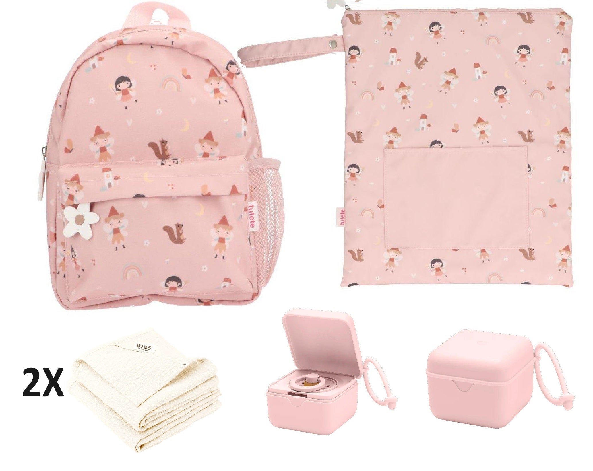 Conjunto de guardería Mochila + Bolsa impermeable + Muselinas + Caja versátil - Tutete Wild Fairies