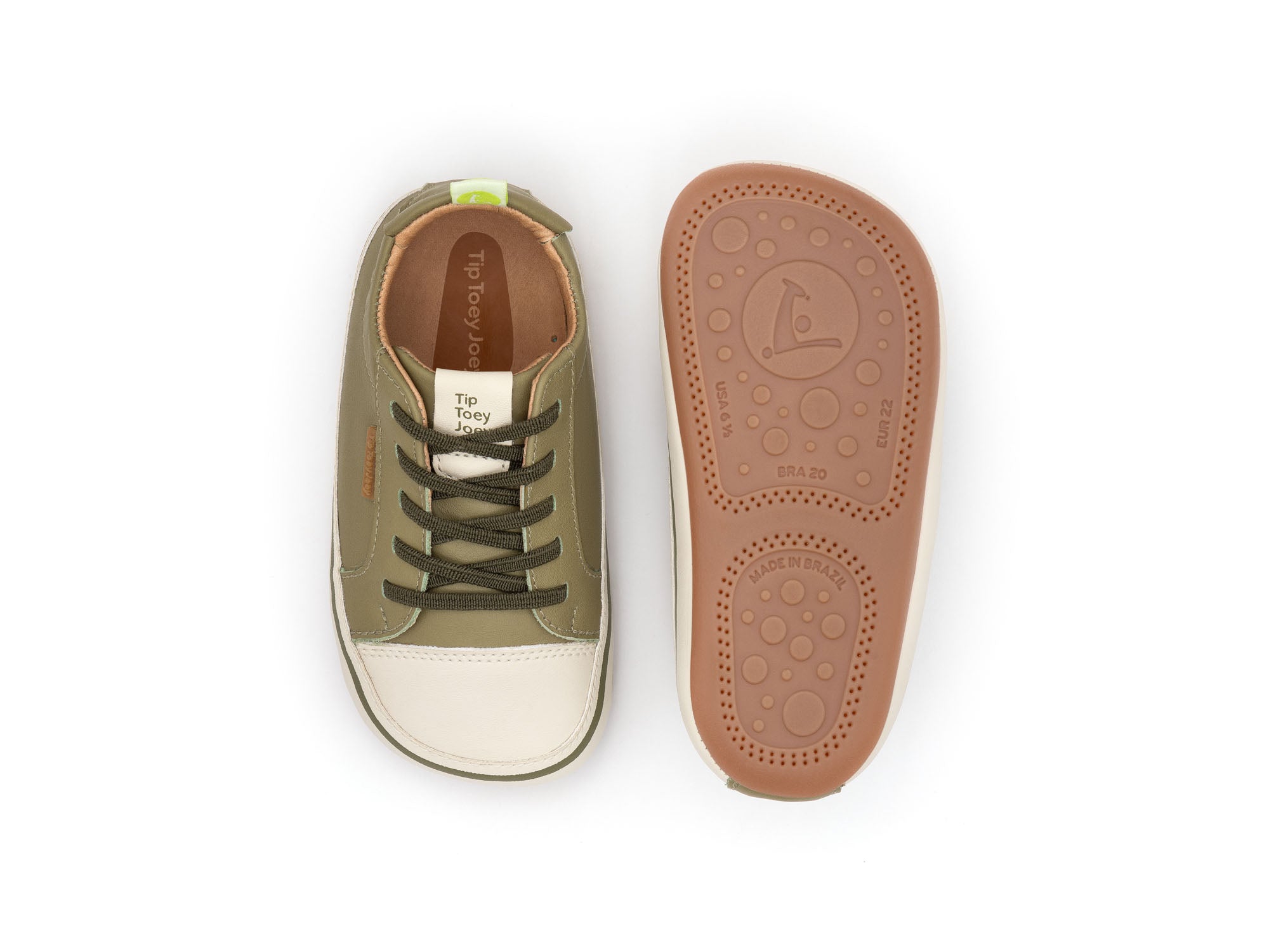 Zapatillas Tip Toey Joey para niños, cómodas para los pies, color olivo y tapioca