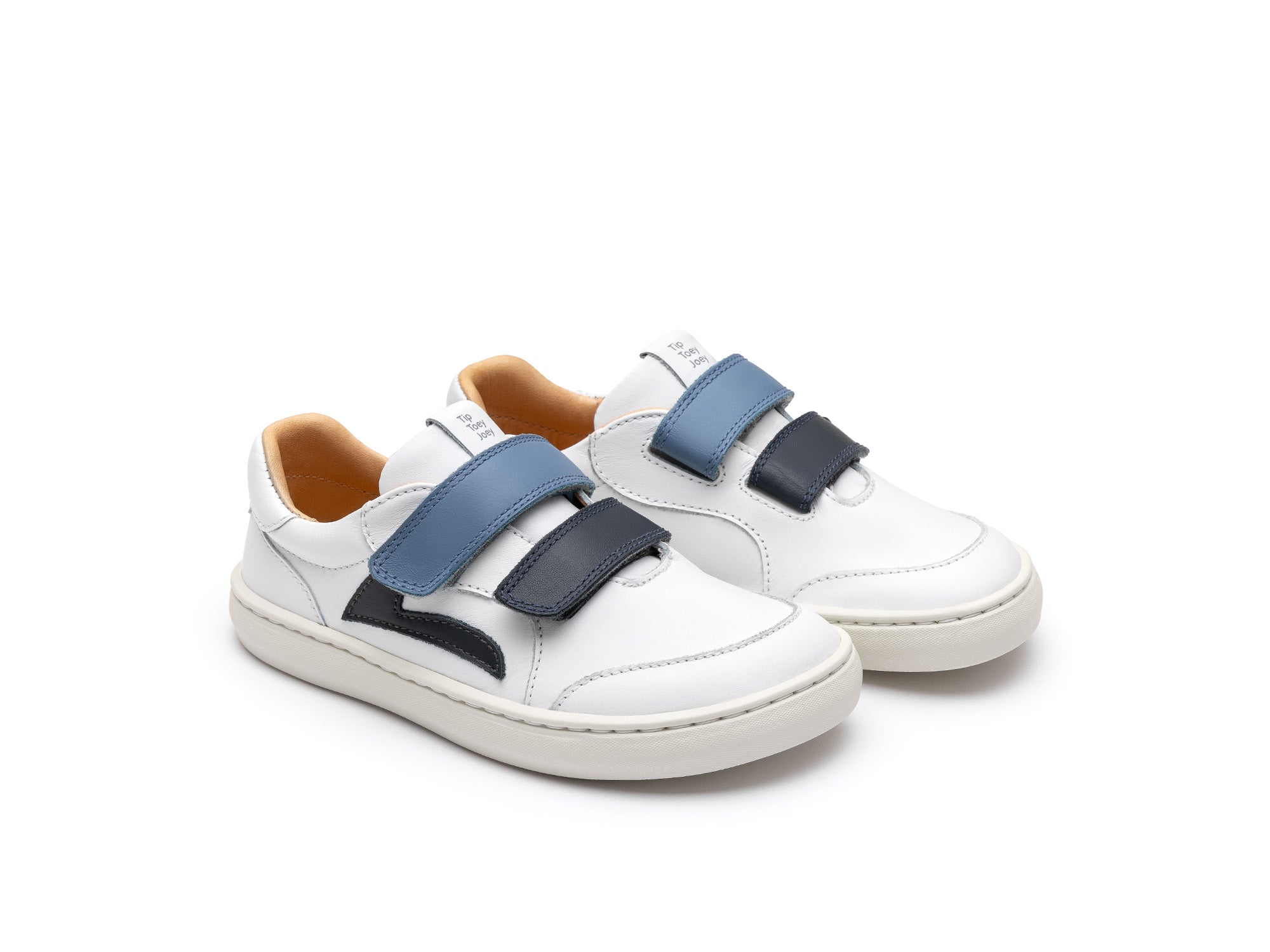 Zapatillas Tip Toey Joey para niños, cómodas para los pies, en blanco Landy y azul marino ceniza