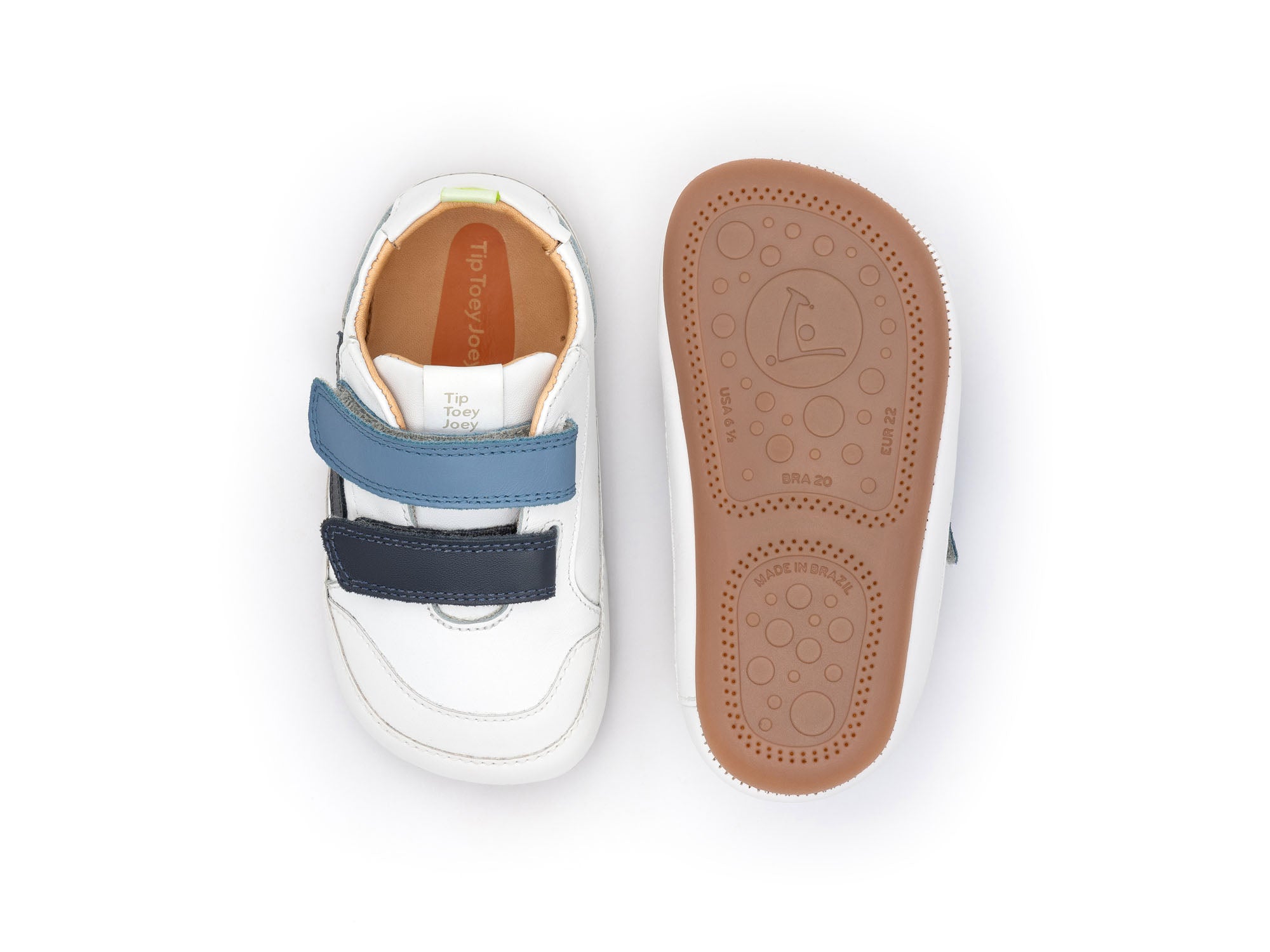 Zapatillas Tip Toey Joey para niños, cómodas para los pies, en blanco Landy y azul marino ceniza