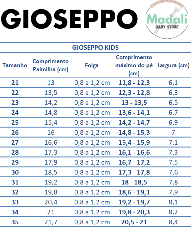Gioseppo GIOSEPPO BAREFOOT - TÉNIS COLEBROOK Guia_de_tamanhos_Madali_Gioseppo_Crianca